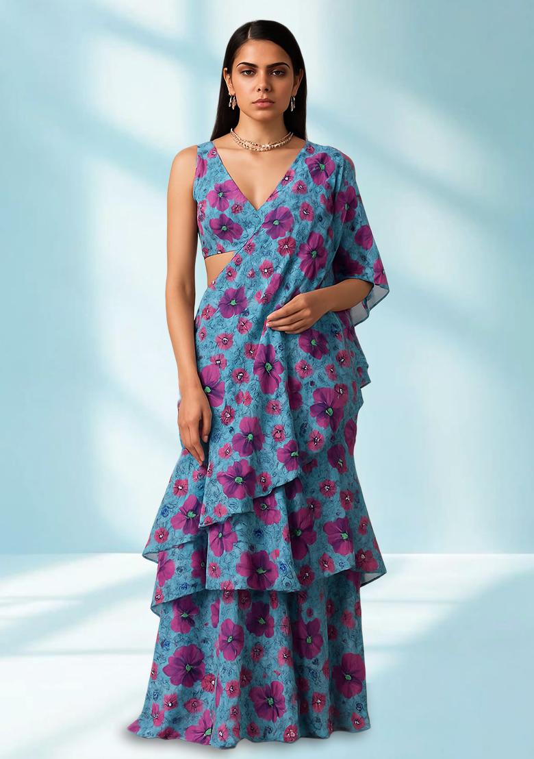 Blue Printed Chiffon Pre Draped Saree Set