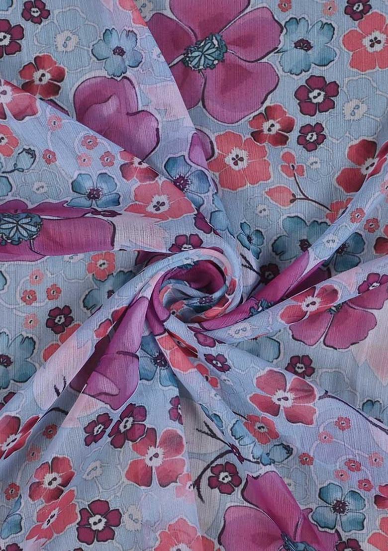 Blue Printed Chiffon Pre Draped Saree Set