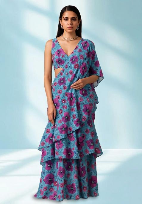 Blue Printed Chiffon Pre Draped Saree Set