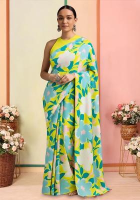 Multicolor Printed Satin Pre Draped Saree Set