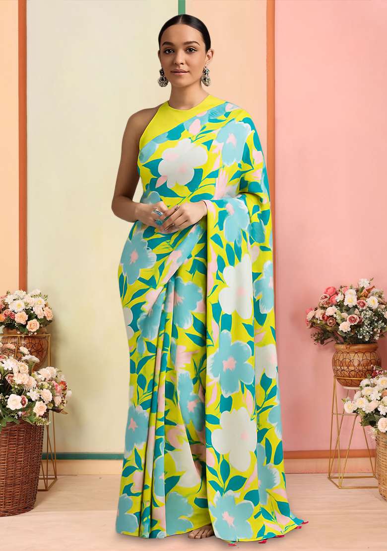 Multicolor Printed Satin Pre Draped Saree Set for Diwali and Festive Wear - Indya