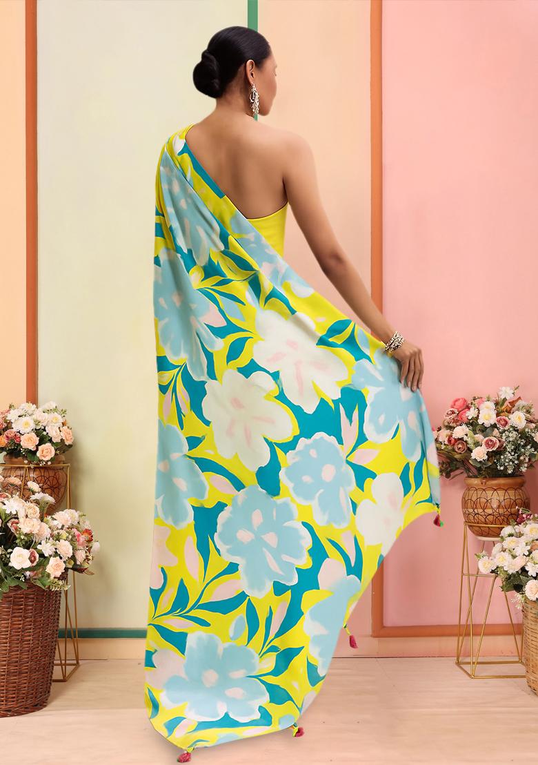 Multicolor Printed Satin Pre Draped Saree Set - Indya