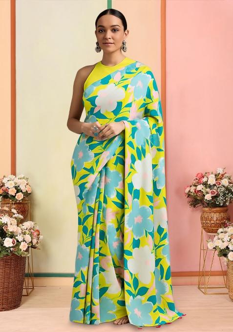 Multicolor Printed Satin Pre Draped Saree Set