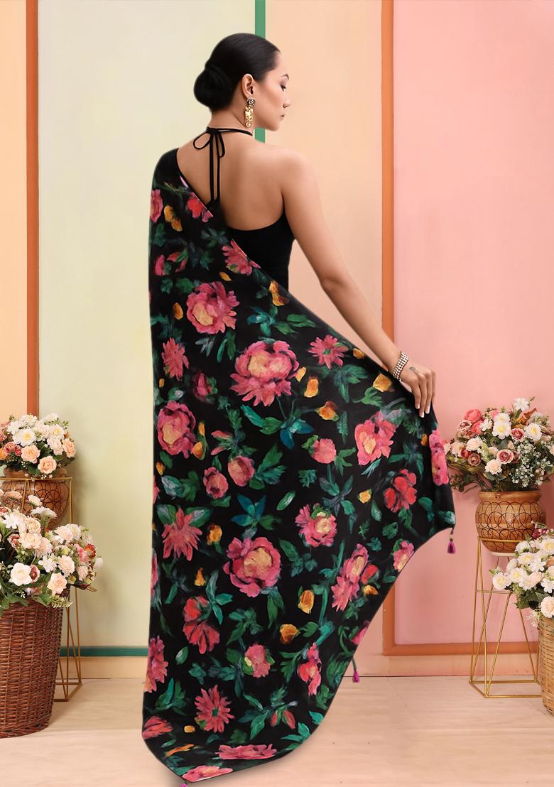 Black Printed Satin Pre Draped Saree Set - Indya