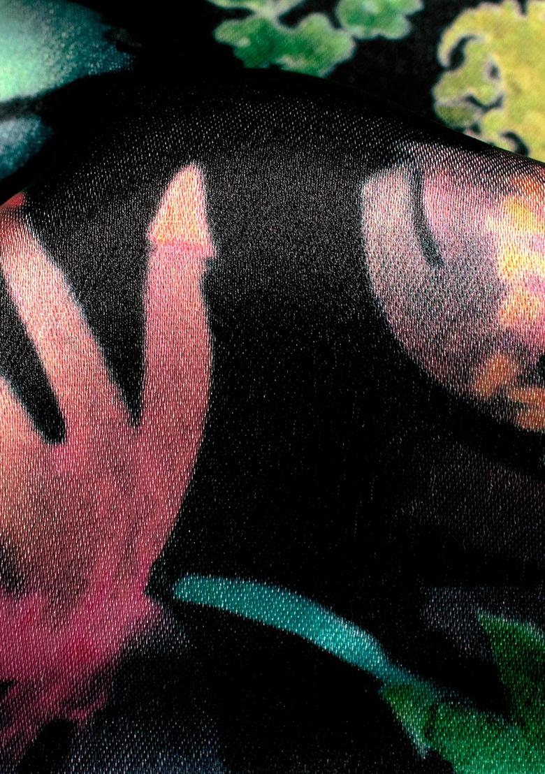 Black Printed Satin Pre Draped Saree Set - Indya