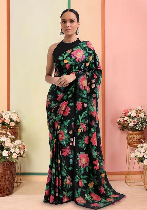Black Printed Satin Pre Draped Saree Set