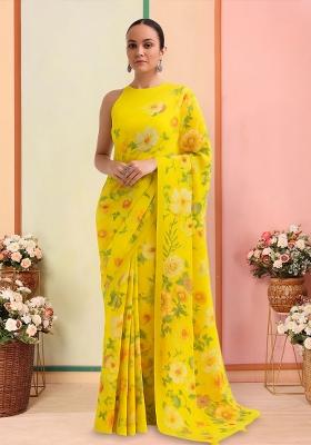 Yellow Printed Georgette Pre Draped Saree Set