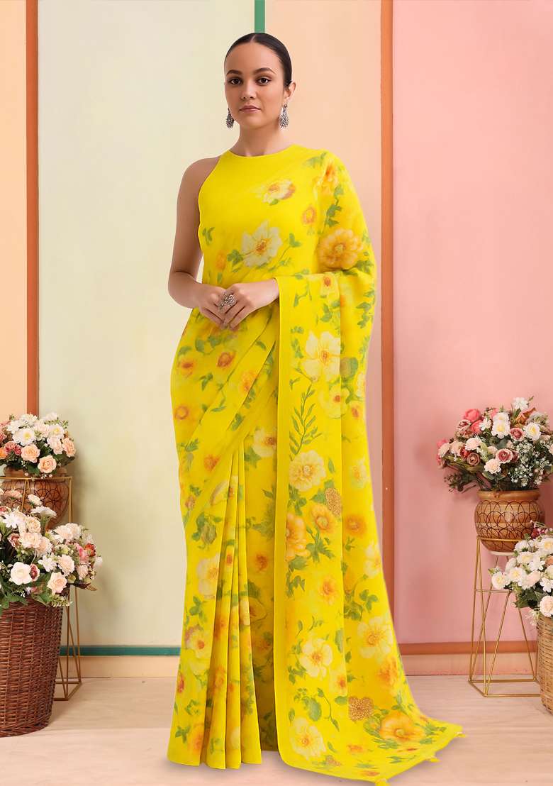 Yellow Printed Georgette Pre Draped Saree Set for Diwali and Festive Wear - Indya
