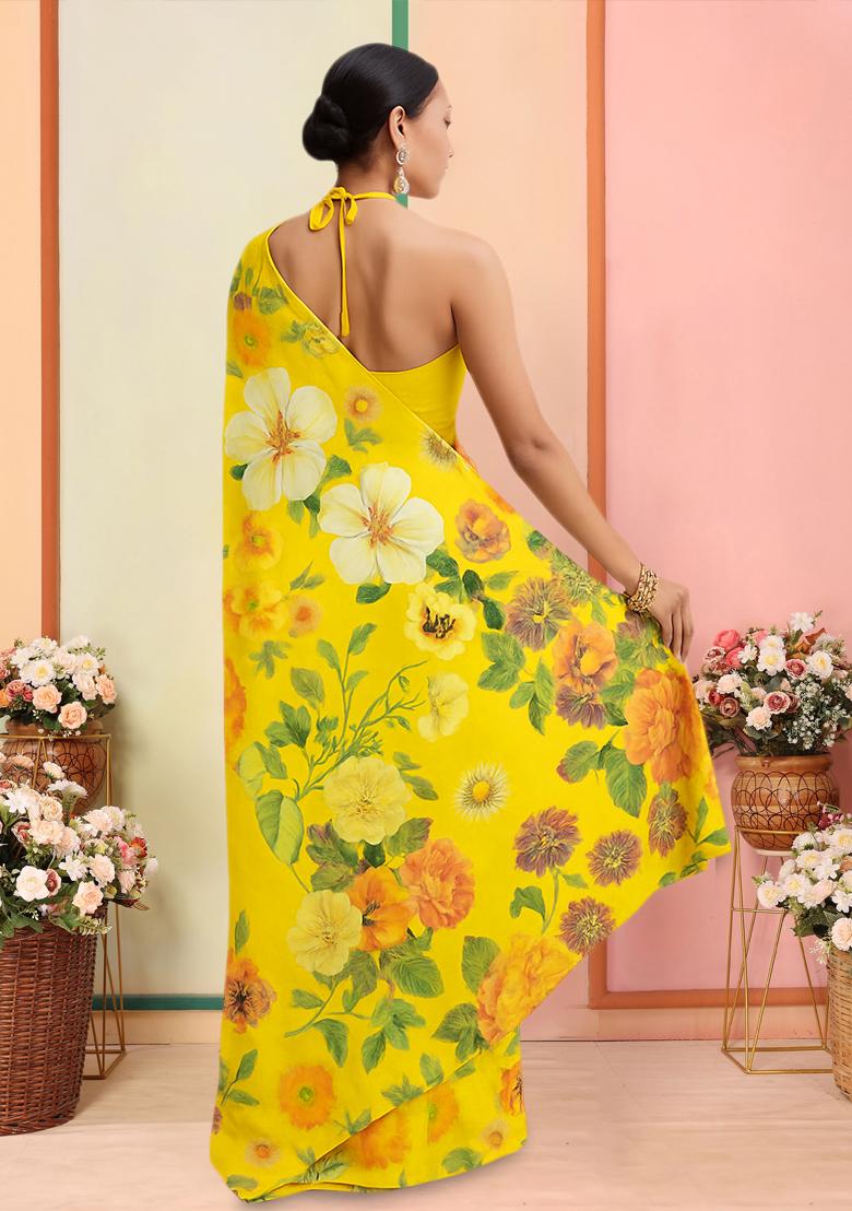 Yellow Printed Georgette Pre Draped Saree Set - Indya