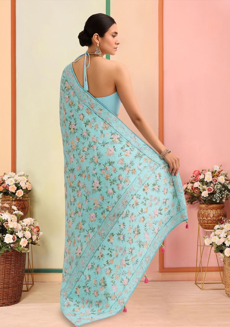Pastel Blue Printed Georgette Pre Draped Saree Set - Indya