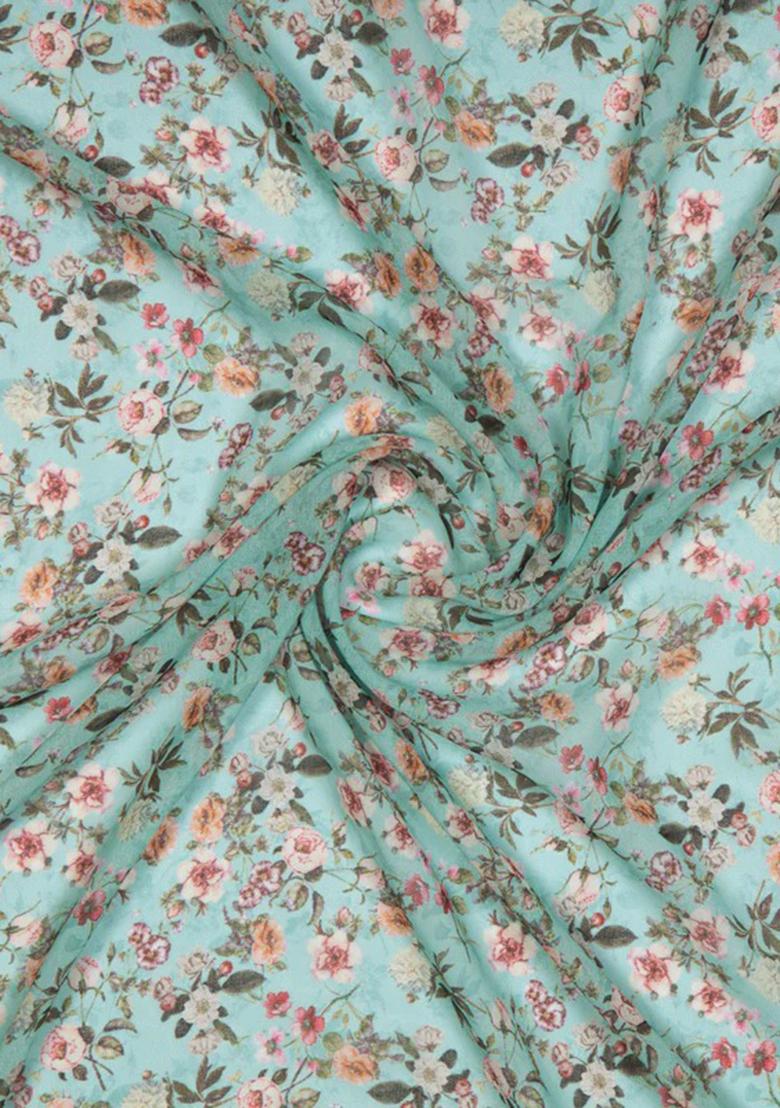 Pastel Blue Printed Georgette Pre Draped Saree Set