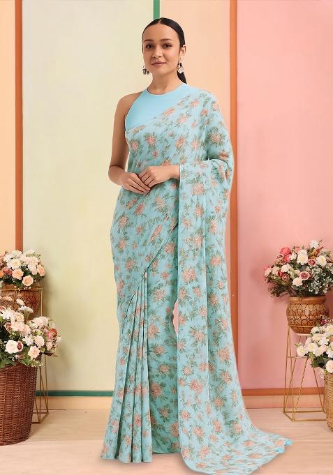 Pastel Blue Printed Georgette Pre Draped Saree Set