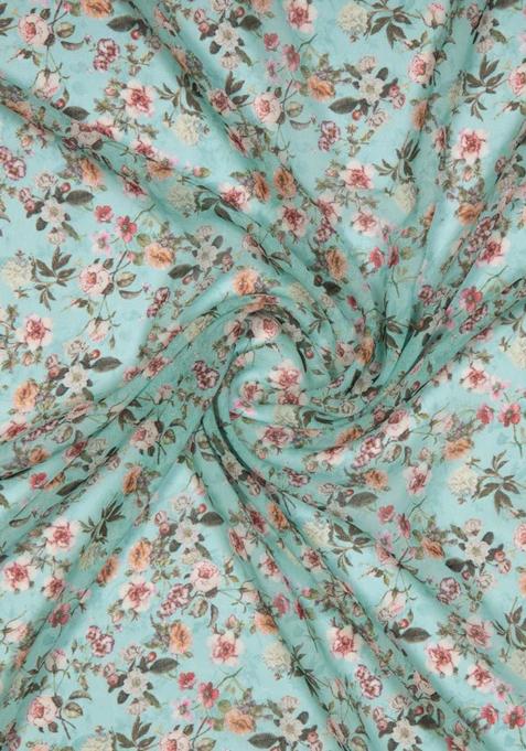 Pastel Blue Printed Georgette Pre Draped Saree Set