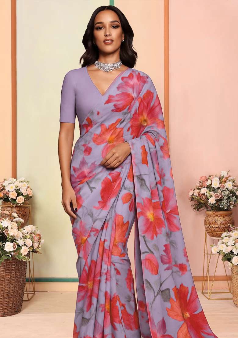 Purple Printed Georgette Pre Draped Saree Set for Diwali and Festive Wear - Indya