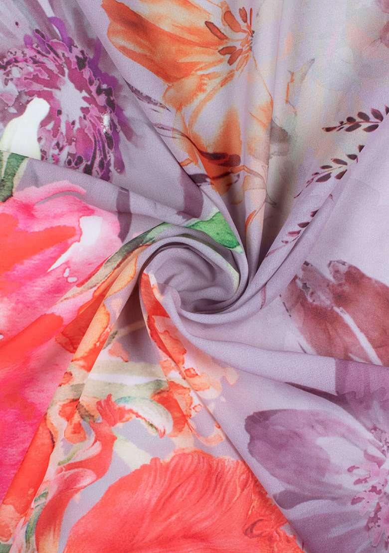 Purple Printed Georgette Pre Draped Saree Set for Diwali and Festive Wear - Indya