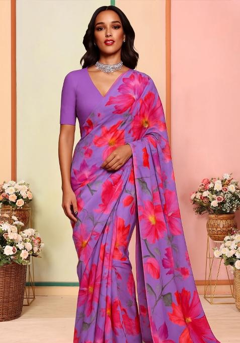Purple Printed Georgette Pre Draped Saree Set