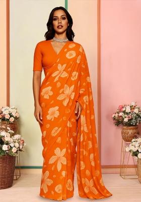 Orange Printed Georgette Pre Draped Saree Set