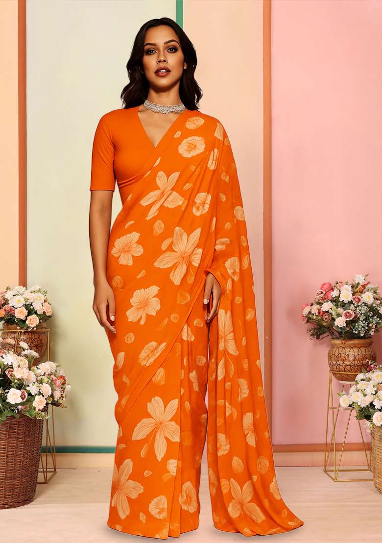 Orange Printed Georgette Pre Draped Saree Set for Diwali and Festive Wear - Indya