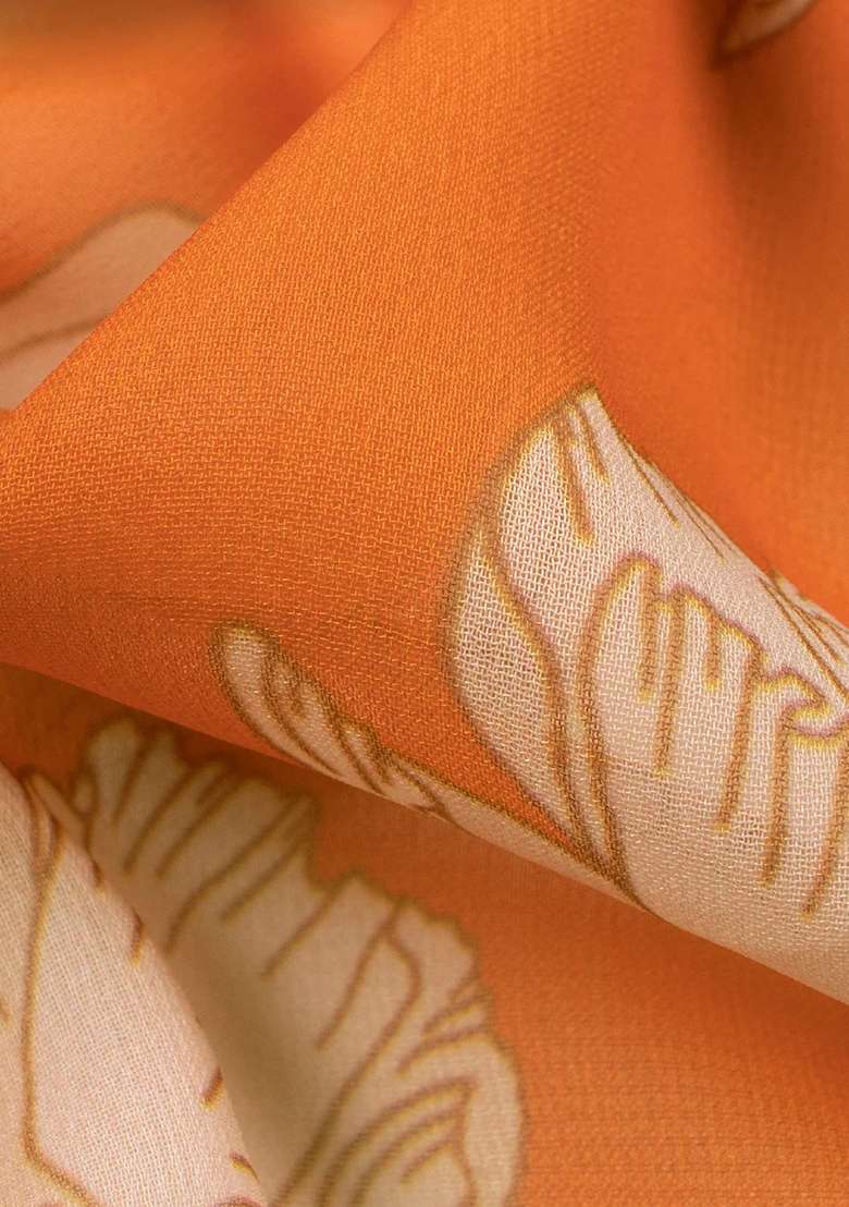 Orange Printed Georgette Pre Draped Saree Set for Diwali and Festive Wear - Indya