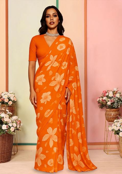 Orange Printed Georgette Pre Draped Saree Set