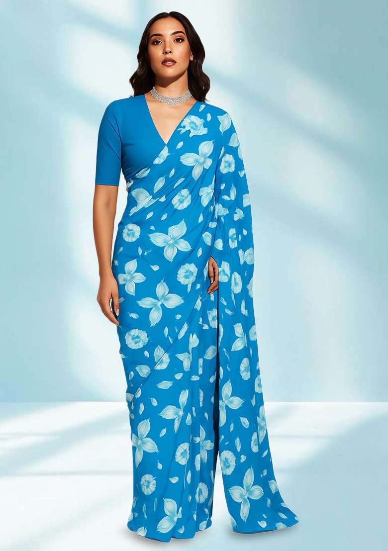 Blue Printed Georgette Pre Draped Saree Set for Diwali and Festive Wear - Indya