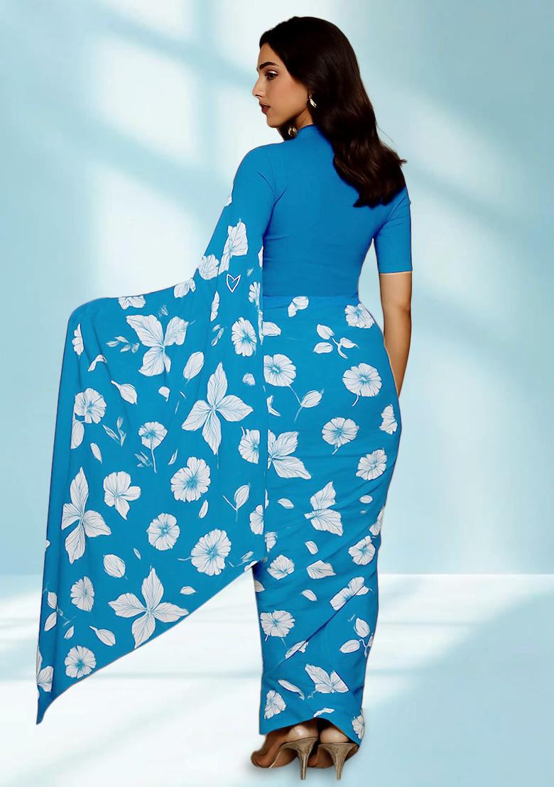 Blue Printed Georgette Pre Draped Saree Set - Indya