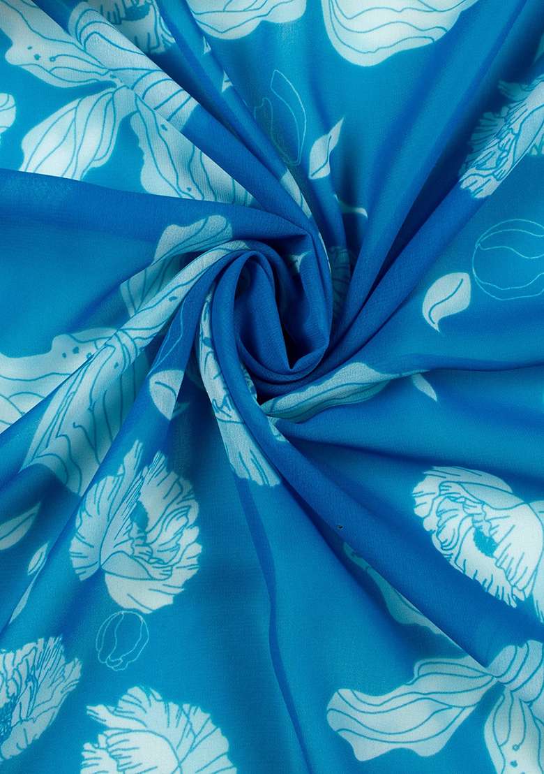 Blue Printed Georgette Pre Draped Saree Set for Diwali and Festive Wear - Indya