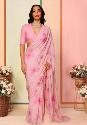 Light Pink Printed Satin Pre Draped Saree Set
