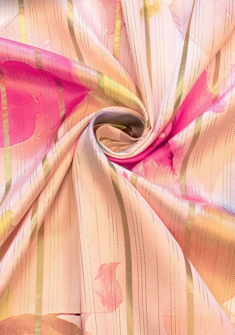 Light Pink Printed Satin Pre Draped Saree Set - Indya