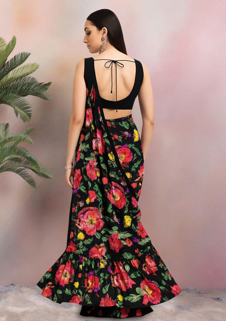 Black Printed Satin Pre Draped Saree Set - Indya