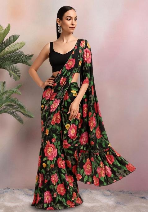 Black Printed Satin Pre Draped Saree Set