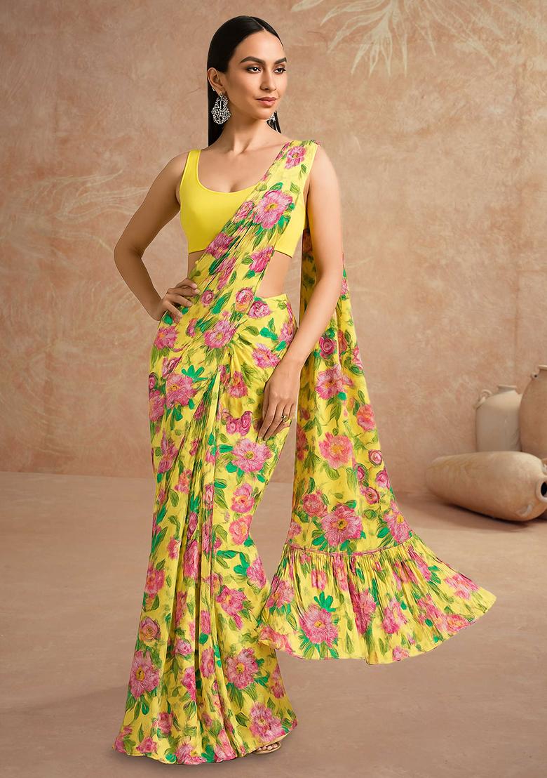 Yellow Printed Satin Pre Draped Saree Set