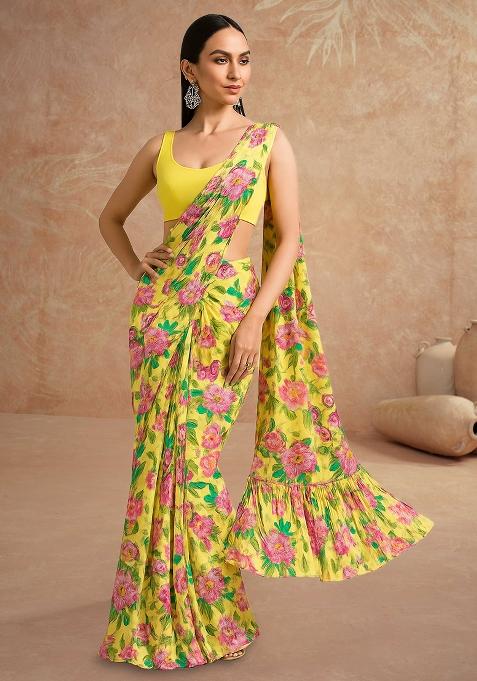 Yellow Printed Satin Pre Draped Saree Set