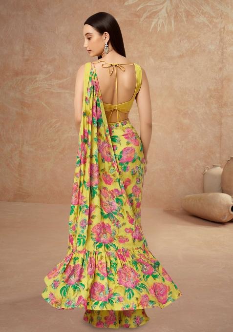 Yellow Printed Satin Pre Draped Saree Set