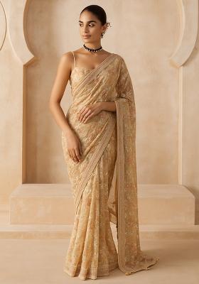 Beige Embroidered Georgette Pre Draped Saree Set