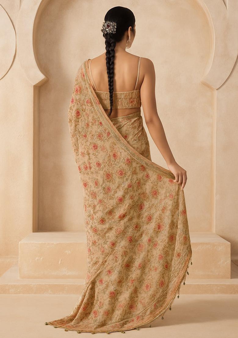 Beige Embroidered Georgette Pre Draped Saree Set