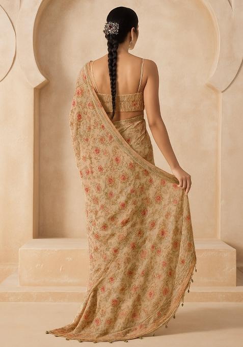 Beige Embroidered Georgette Pre Draped Saree Set