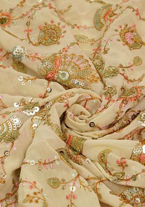 Beige Embroidered Georgette Pre Draped Saree Set