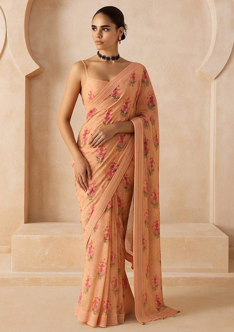 Orange Embroidered Chinon Pre Draped Saree Set
