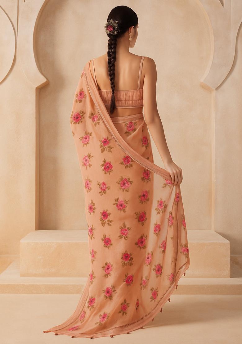 Orange Embroidered Chinon Pre Draped Saree Set - Indya