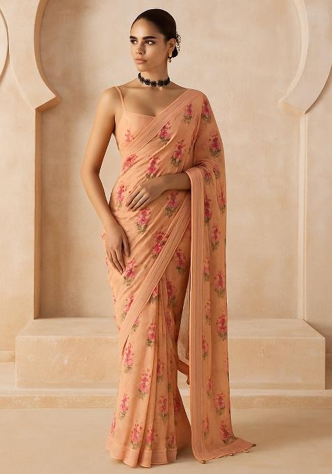 Orange Embroidered Chinon Pre Draped Saree Set