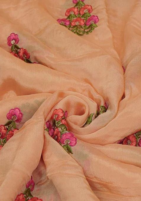 Orange Embroidered Chinon Pre Draped Saree Set