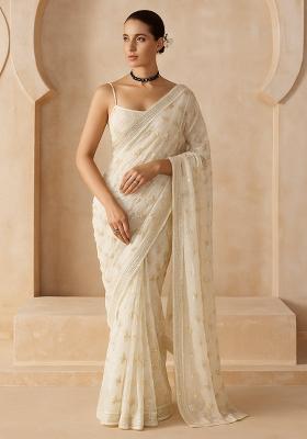 White Embroidered Georgette Pre Draped Saree Set