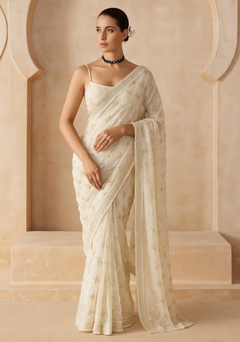 White Embroidered Georgette Pre Draped Saree Set