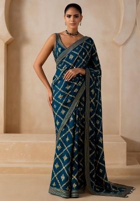 Blue Embroidered Georgette Pre Draped Saree Set
