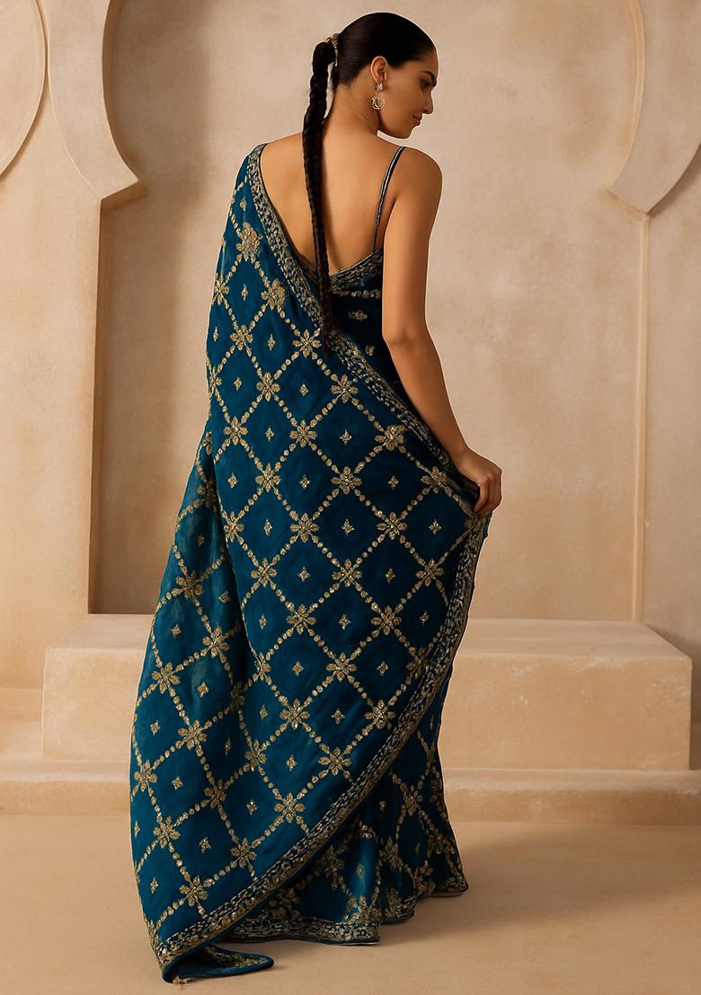 Blue Embroidered Georgette Pre Draped Saree Set - Indya
