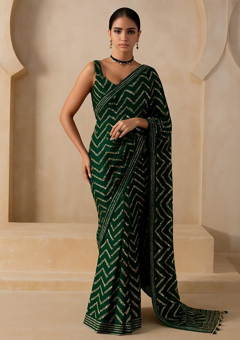 Green Embroidered Georgette Pre Draped Saree Set
