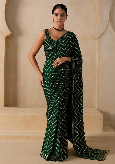 Green Embroidered Georgette Pre Draped Saree Set