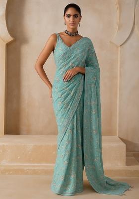 Blue Embroidered Georgette Pre Draped Saree Set