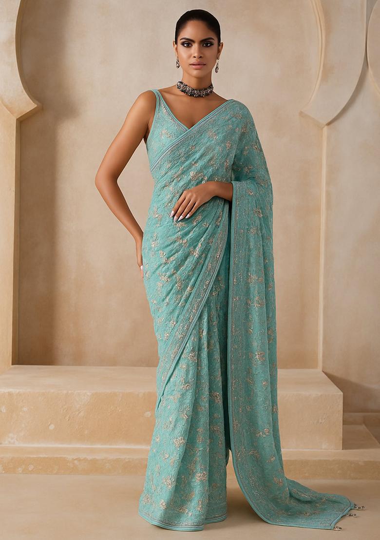 Blue Embroidered Georgette Pre Draped Saree Set